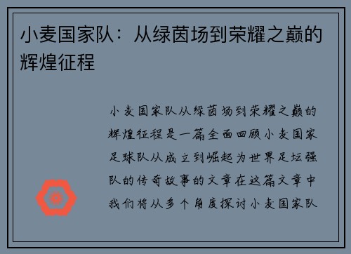 小麦国家队：从绿茵场到荣耀之巅的辉煌征程