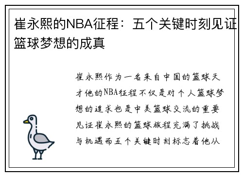 崔永熙的NBA征程：五个关键时刻见证篮球梦想的成真